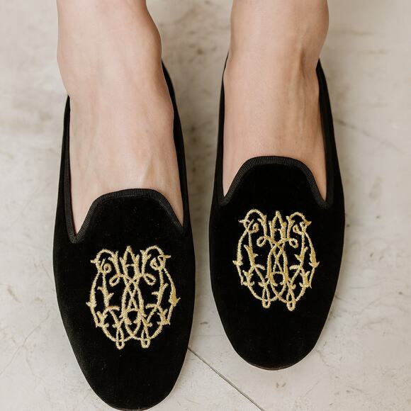 Stubbs & Wootton Palm Beach Black Velvet Gold Crest Embroidery Loafers Size 7.5 - Picture 1 of 10